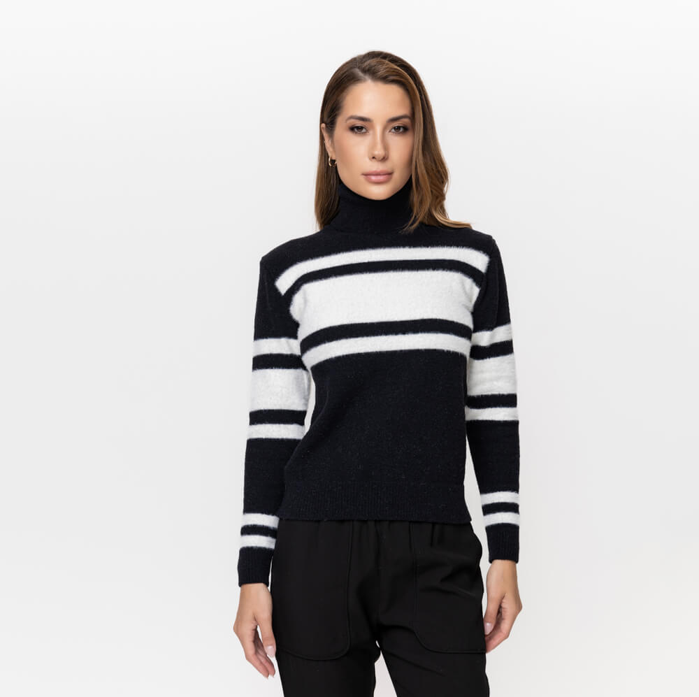 Blusa Feminina em Tricô Aveludado em Listras - 26136 Branco/Preto