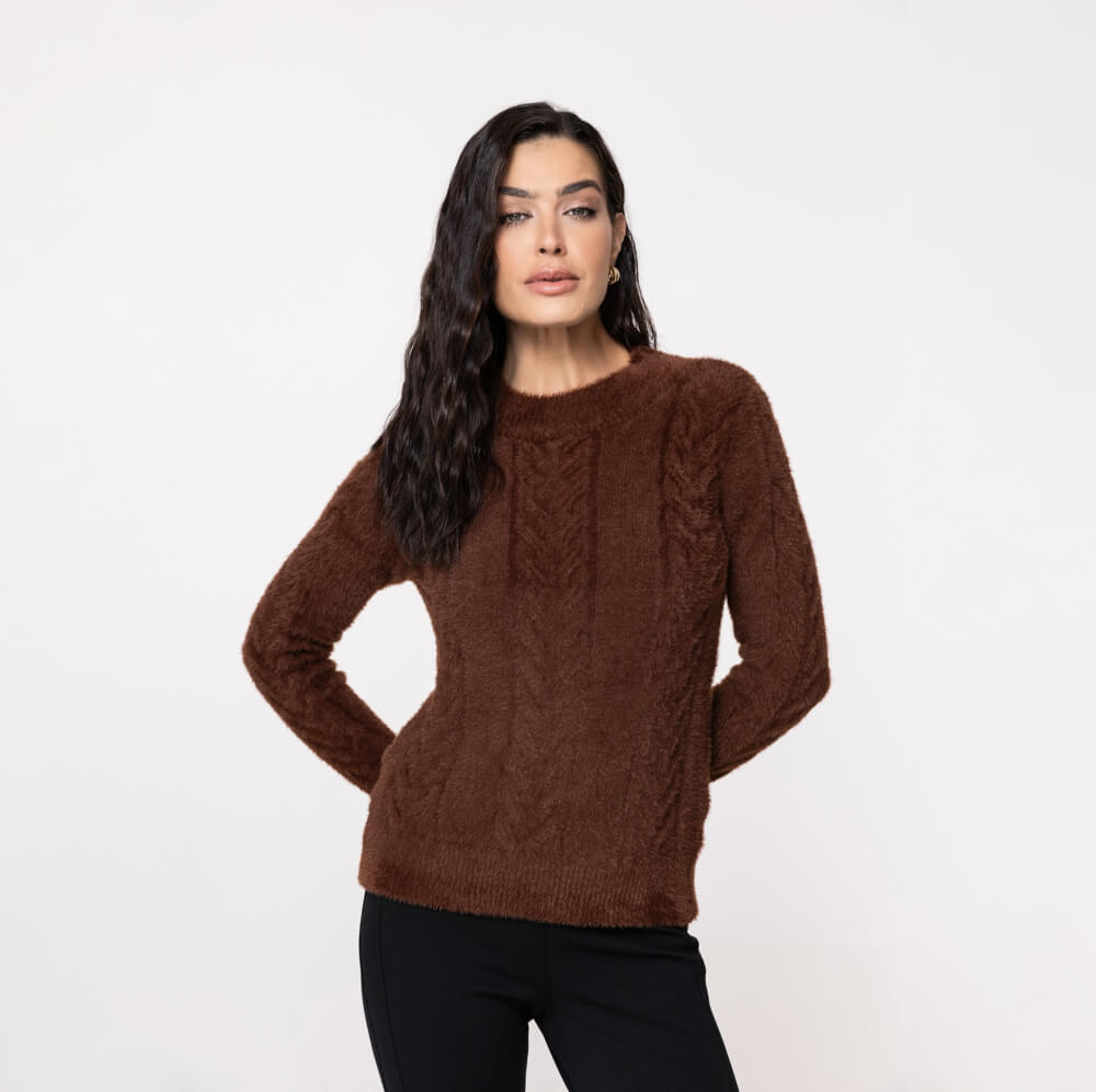 Blusa Feminina em Tricô Fio Nuvem - 25180 Marrom - Goradin.com.br