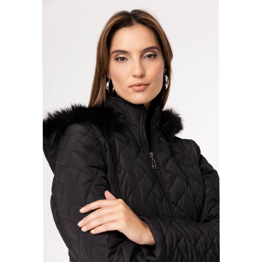 Casaco Feminino Puffer Spesso Florença Com Capuz 4030 Preto