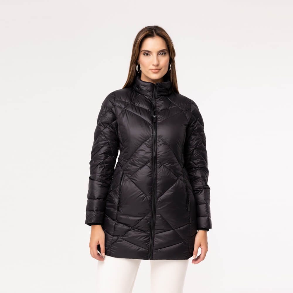 Casaco Feminino Puffer Spesso Geometriche de Pluma Com Capuz Removível - 036 Preto