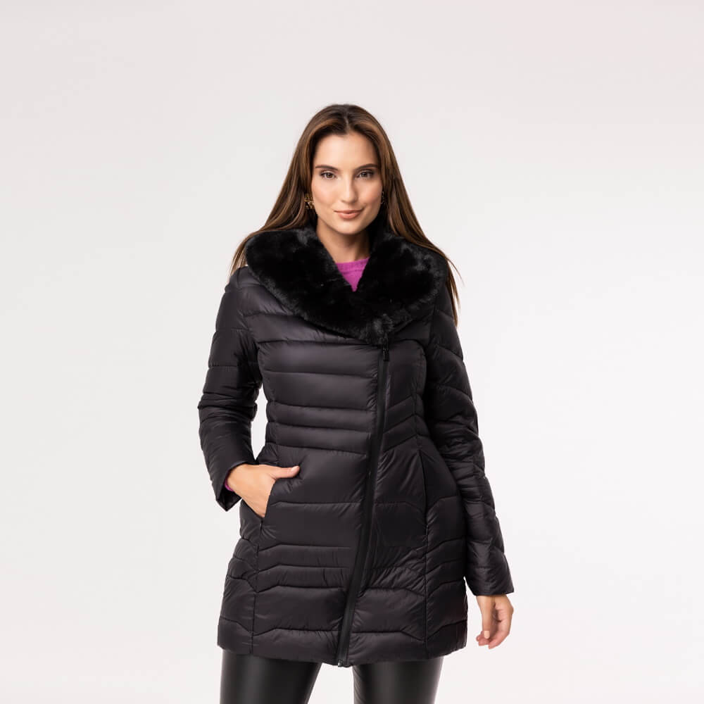 Casaco Feminino Puffer Spesso Pelliccia de Pluma - 034 Preto