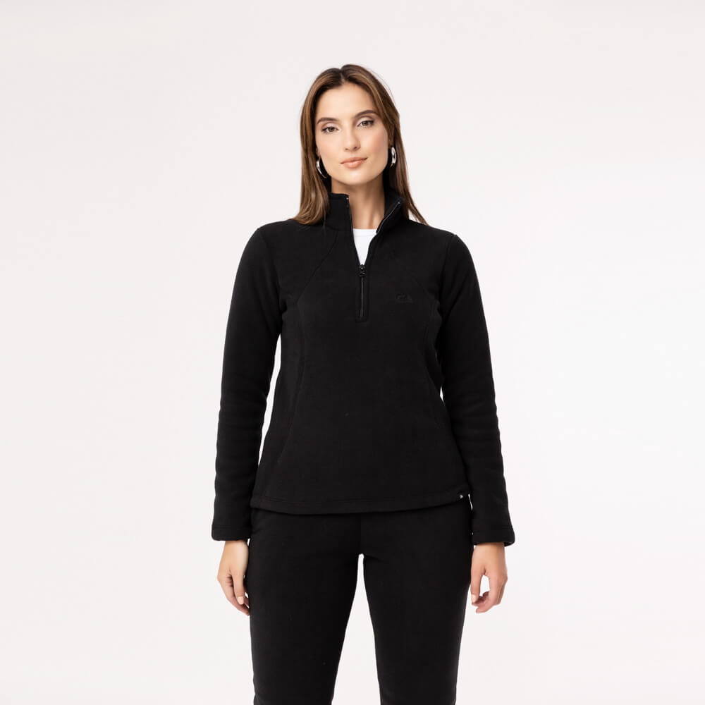 Fleece Térmico Feminino Meio Zíper Forrado em Lã - 914 Preto 