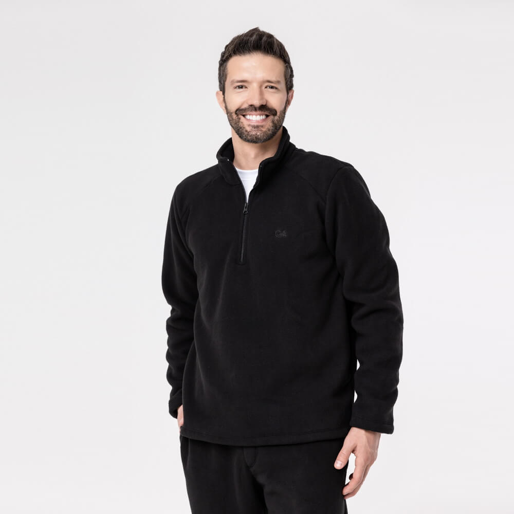 Fleece Térmico Masculino Meio Zíper Forrado em Lã - 916 Preto