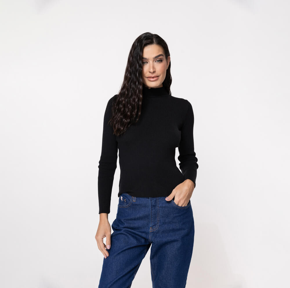 Suéter Feminino em Tricô Canelado Gola Alta - 25116 Preto