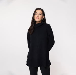 Blusa Ampla Feminina em Tricô Pluma Gola Boba - 25117 Preto
