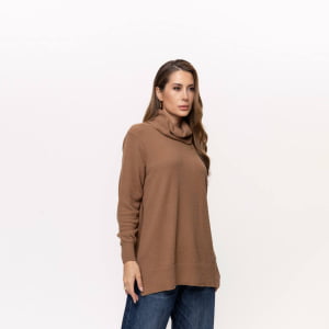 Blusa Ampla Feminina em Tricô Pluma Gola Boba - 26125 Bege Camel