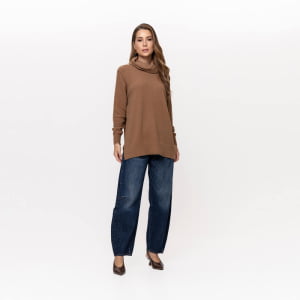 Blusa Ampla Feminina em Tricô Pluma Gola Boba - 26125 Bege Camel