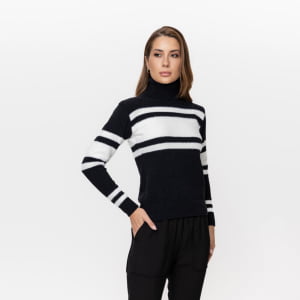 Blusa Feminina em Tricô Aveludado em Listras - 26136 Branco/Preto