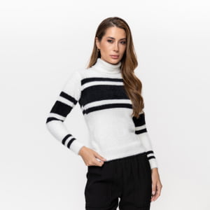 Blusa Feminina em Tricô Aveludado em Listras - 26136 Preto/Branco