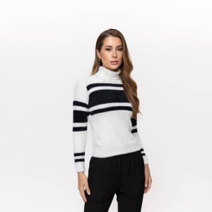 Blusa Feminina em Tricô Aveludado em Listras - 26136 Preto/Branco