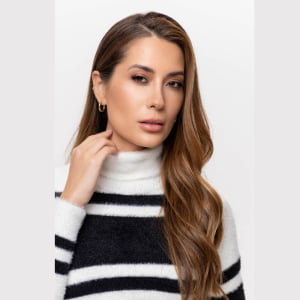 Blusa Feminina em Tricô Aveludado em Listras - 26136 Preto/Branco