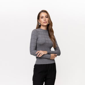 Blusa Feminina em Tricô Quadriculado - 26165 Cinza