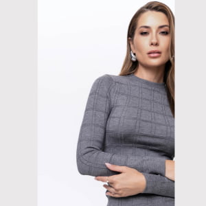 Blusa Feminina em Tricô Quadriculado - 26165 Cinza