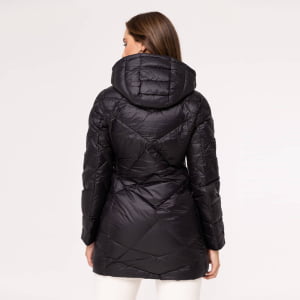 Casaco Feminino Puffer Spesso Geometriche de Pluma Com Capuz Removível - 036 Preto