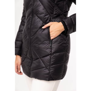 Casaco Feminino Puffer Spesso Geometriche de Pluma Com Capuz Removível - 036 Preto