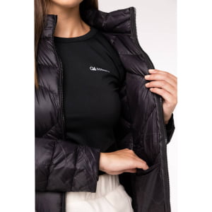 Casaco Feminino Puffer Spesso Geometriche de Pluma Com Capuz Removível - 036 Preto