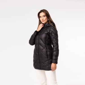 Casaco Feminino Puffer Spesso Geometriche de Pluma Com Capuz Removível - 036 Preto