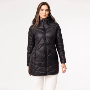 Casaco Feminino Puffer Spesso Geometriche de Pluma Com Capuz Removível - 036 Preto