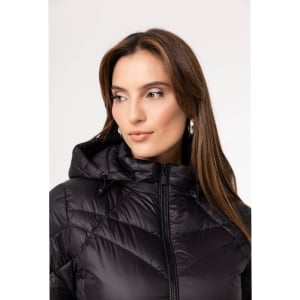 Casaco Feminino Puffer Spesso Geometriche de Pluma Com Capuz Removível - 036 Preto