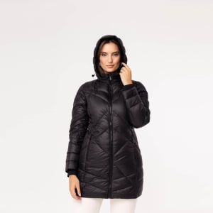 Casaco Feminino Puffer Spesso Geometriche de Pluma Com Capuz Removível - 036 Preto