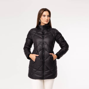 Casaco Feminino Puffer Spesso Geometriche de Pluma Com Capuz Removível - 036 Preto
