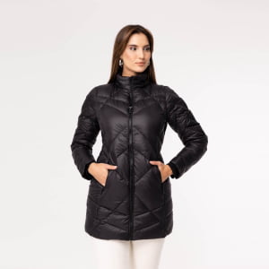 Casaco Feminino Puffer Spesso Geometriche de Pluma Com Capuz Removível - 036 Preto