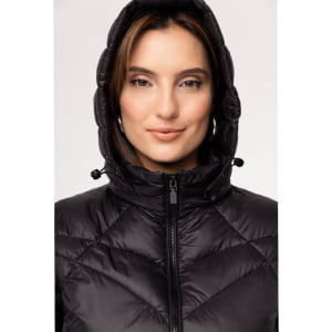 Casaco Feminino Puffer Spesso Geometriche de Pluma Com Capuz Removível - 036 Preto