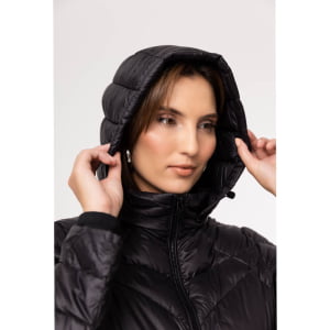 Casaco Feminino Puffer Spesso Geometriche de Pluma Com Capuz Removível - 036 Preto