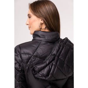 Casaco Feminino Puffer Spesso Geometriche de Pluma Com Capuz Removível - 036 Preto