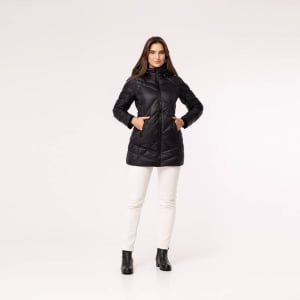 Casaco Feminino Puffer Spesso Geometriche de Pluma Com Capuz Removível - 036 Preto