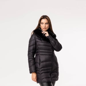 Casaco Feminino Puffer Spesso Pelliccia de Pluma - 034 Preto