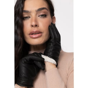 Luva Térmica Feminina Touch Screen Couro Legítimo Forrada com Lã - 2002 Preto