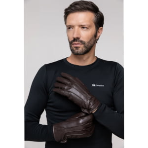 Luva Térmica Masculina Touch Screen em Couro Legítimo Forrada com Lâ - 2001 Café