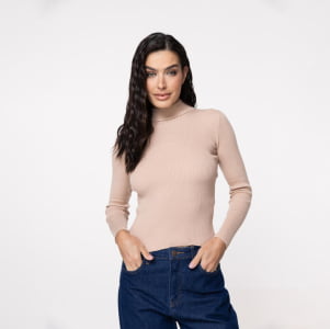 Suéter Feminino em Tricô Canelado Gola Alta - 25116 Bege