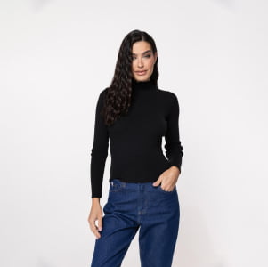Suéter Feminino em Tricô Canelado Gola Alta - 25116 Preto