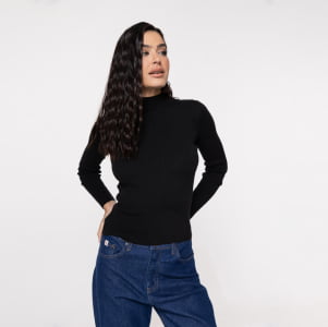 Suéter Feminino em Tricô Canelado Gola Alta - 25116 Preto