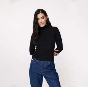 Suéter Feminino em Tricô Canelado Gola Alta - 25116 Preto