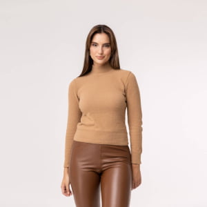 Suéter Feminino em Tricô Pluma Gola Alta - 25114 Bege Camel